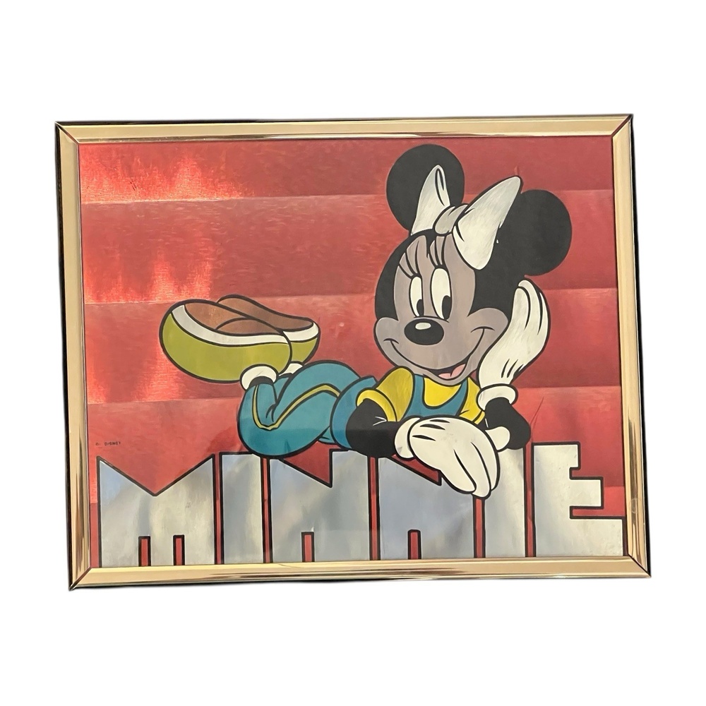 VTG Minnie Mouse Walt Disney Framed Foil Art Red Gold Cartoon‎ Collectible 8x10
